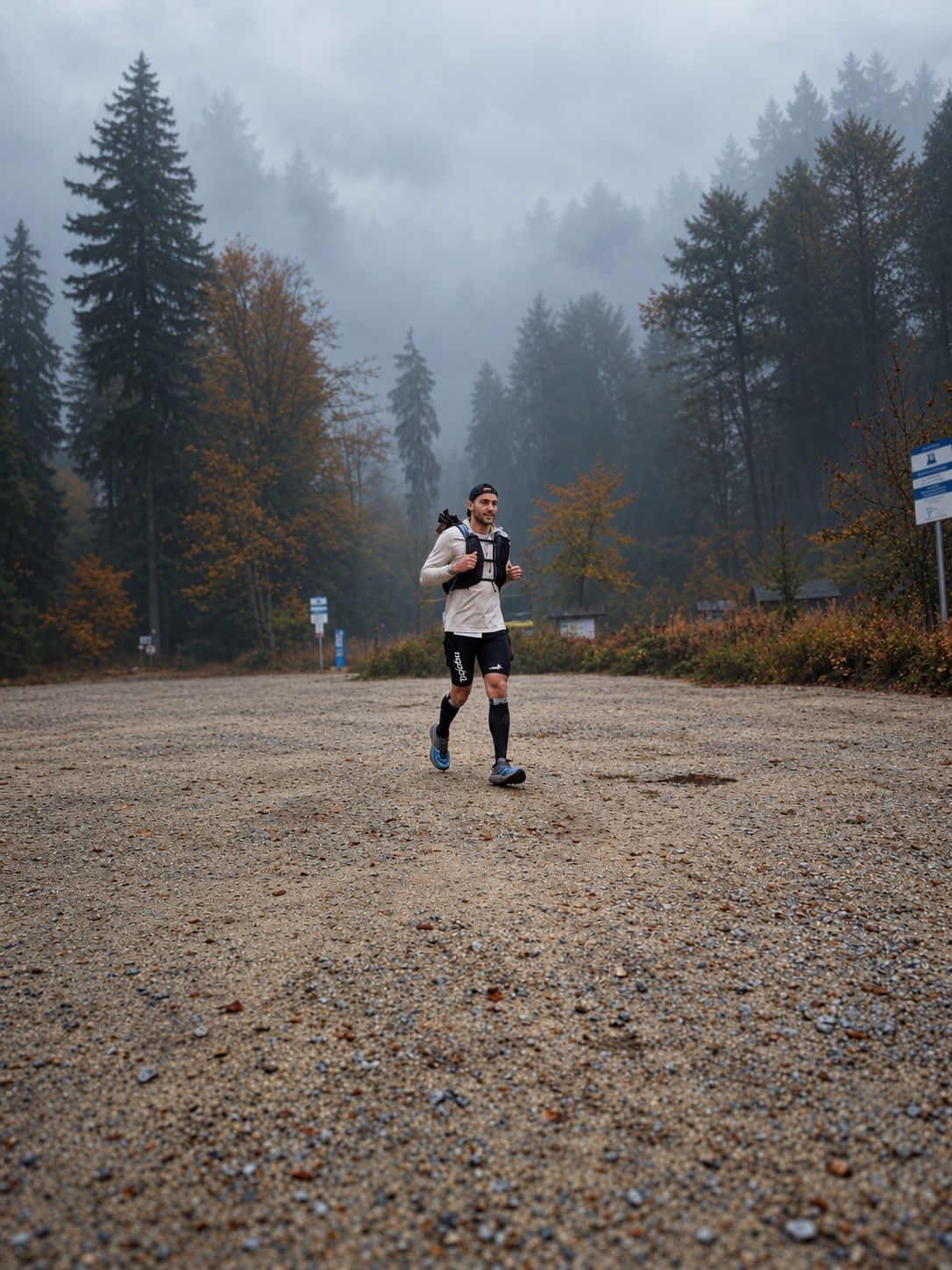 Nick Alexej Wriedt läuft beim FichtelUltra XII im Nebel über einen Schotterplatz